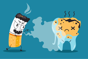 Tooth and cigarette characters. Vector flat cartoon illustration