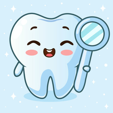 Cute tooth character and dental mirror in cartoon style. Dental personage vector illustration. Illustration for children dentistry. Happy tooth icon.