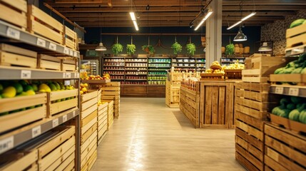 Modern supermarket with full shelves of goods, illuminated by warm light, creates a pleasant shopping atmosphere. Absence of buyers, empty.