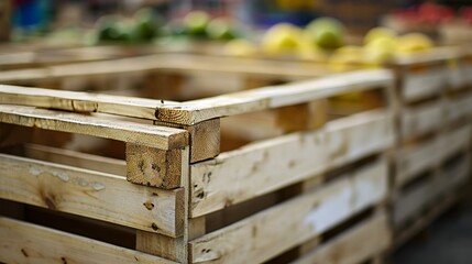 Empty wooden crates in the market where fruit and vegetables are usually kept indicate a lack of goods. - obrazy, fototapety, plakaty
