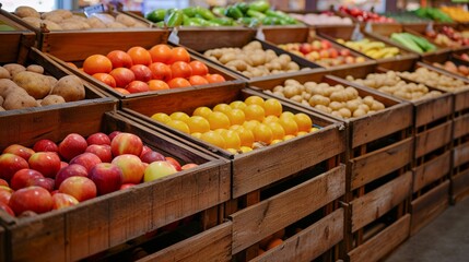 Wooden crates neatly filled with fresh potatoes, oranges, lemons and apples are lined up on supermarket shelves, showcasing the wealth of choice for shoppers - obrazy, fototapety, plakaty