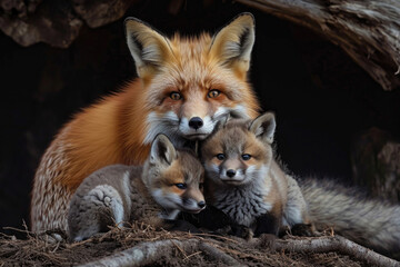 A red fox family shares a tender bonding moment in their cozy den