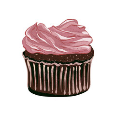 Festive cupcake with cream. Realistic style. Hand drawn illustration isolated on white background. Graphic element for pastry shops, cafe and bar menus