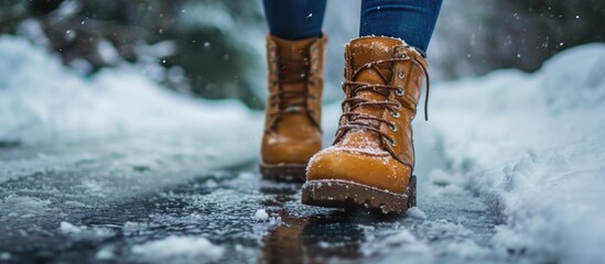 Gendered winter boots walking on a snowy, icy road. - obrazy, fototapety, plakaty