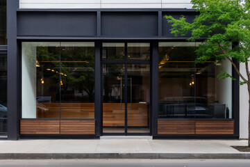 Contemporary building exterior featuring a sleek facade with large glass windows and elegant wooden decor, epitomizing modern commercial property design.