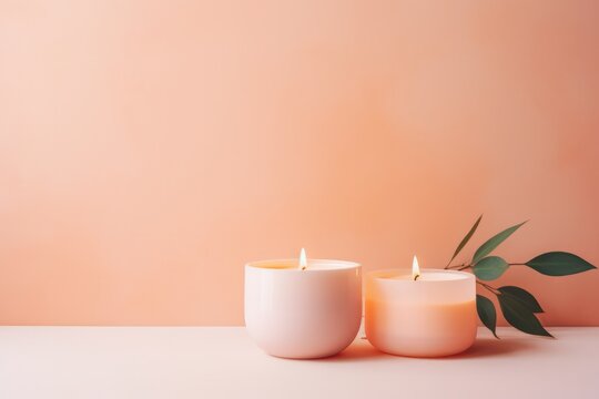 burning pastel peachy color candles with flames on background with copy space. Beauty salon, hobby, handmade wax candle, spa, self love concept. Peach fuzz trendy color.
