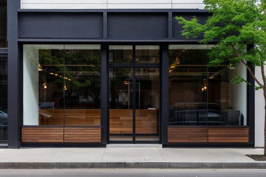 Contemporary building exterior featuring a sleek facade with large glass windows and elegant wooden decor, epitomizing modern commercial property design.