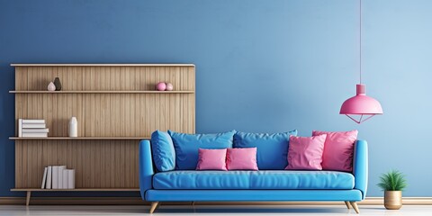 Cozy living room with blue couch, pink lamp, and wooden shelves on the wall.