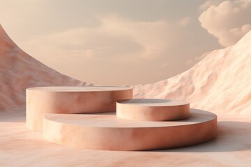 pastel peach natural stone marble rocky podium 3d render with beautiful dramatic sunset light. Showcase display for product and cosmetics photography.