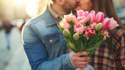 Bouquet of pink flowers be hold by couple, valentine's day