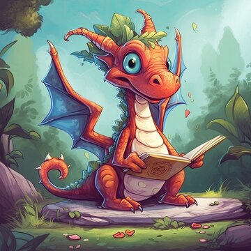 Cute cartoon dragon reading a book, fairy tale, illustration. Children's stories, lessons, exams. A tale about a dragon. Print for clothing, paper, stationery, book cover with a dragon. Bedtime story.