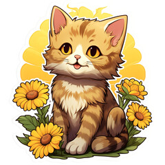 kitten sitting on a cute, bright sunflower, in the style of manga style created with Generative Ai