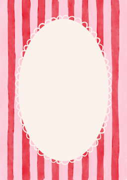 Fondo a rayas pintado estilo acuarela con marco en el centro. Plantilla a rayas rosado y rojo con textura pintado a mano y espacio en blanco en el centro. Estilo coquette
