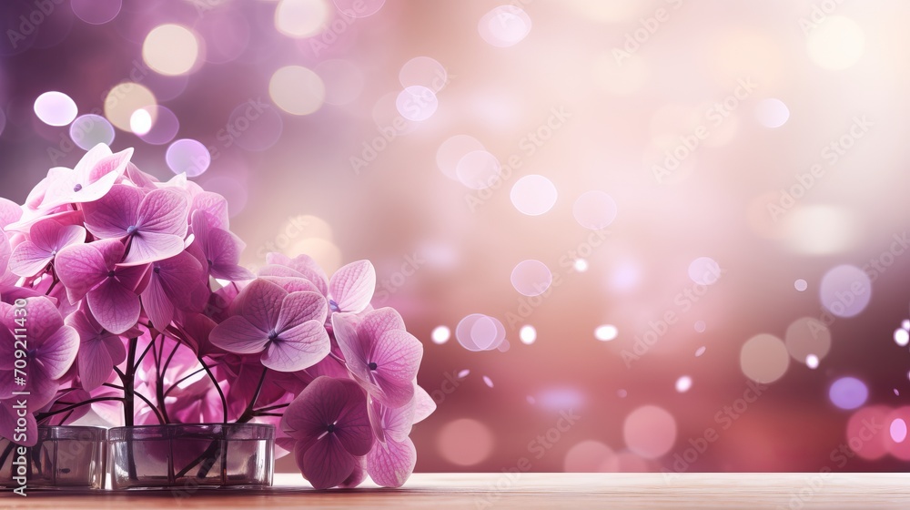 Poster soft bokeh background with contrasting hydrangea flowers and copy space for text placement