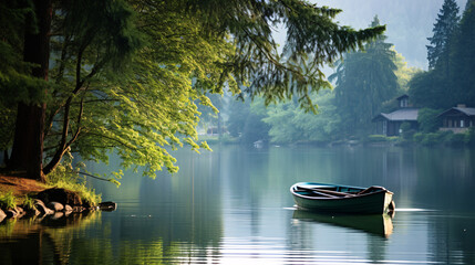 Beautiful tranquil water side landscape with boat and small cabin