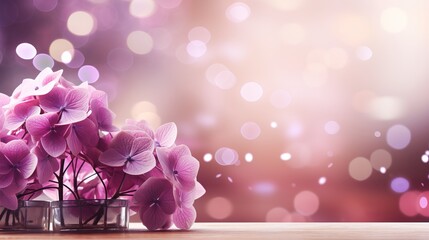 Soft bokeh background with contrasting hydrangea flowers and copy space for text placement
