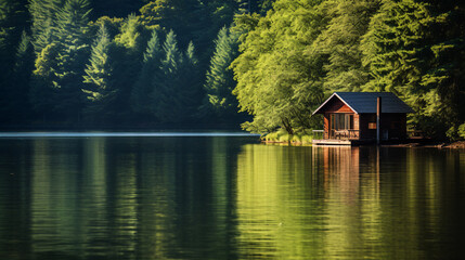 Obraz premium Beautiful tranquil water side landscape with boat and small cabin