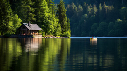 Fototapeta premium Beautiful tranquil water side landscape with boat and small cabin