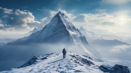 Male climber trekking with snowy footmark on mountain crest during snowstorm at dawn. - Powered by Adobe