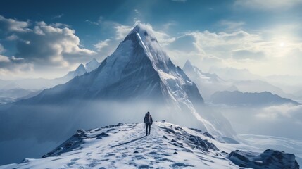 Male climber trekking with snowy footmark on mountain crest during snowstorm at dawn.