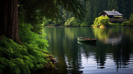 Fototapeta na wymiar Beautiful tranquil water side landscape with boat and small cabin
