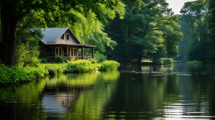 Beautiful tranquil water side landscape with boat and small cabin