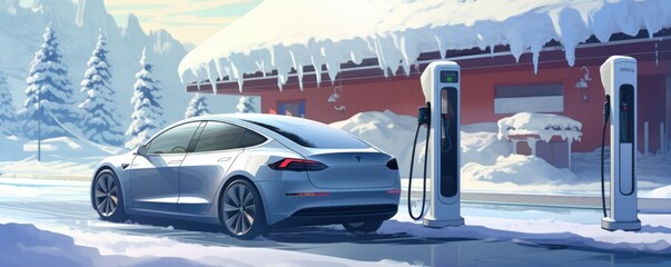 electric car is parked at a charging station in the snow - obrazy, fototapety, plakaty