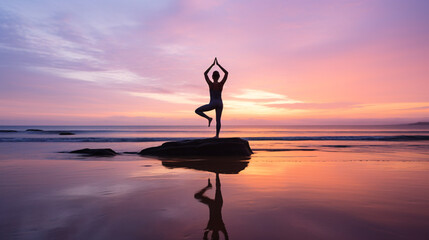 Early morning Yoga session at the seaside with sunrise silhouette