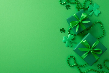 Irish festivity snapshot: Overhead composition featuring trendy gift boxes, shamrocks, confetti,...