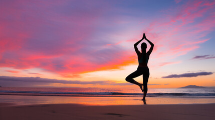 Early morning Yoga session at the seaside with sunrise silhouette