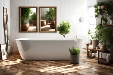 a mockup picture frame on a lovely wall over the bathtub in the bathroom with a planter, furnished with cozy furnishings on a wooden floor, Generative AI-