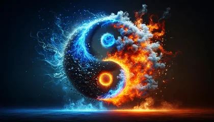 Poster Yin and Yang symbol in fire and ice with smoke and spark effect © apisit