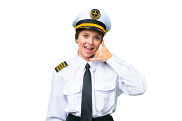 Airplane pilot woman over isolated chroma key background making phone gesture. Call me back sign