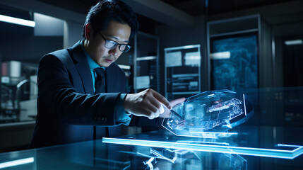 People working in Futuristic holographic work environment interface