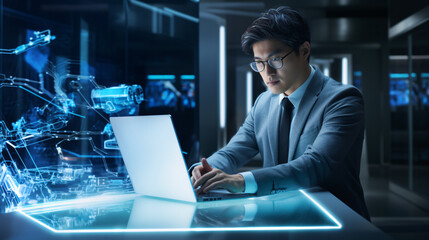 People working in Futuristic holographic work environment interface