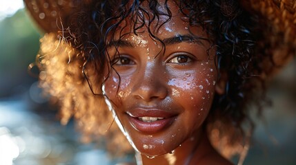 A youthful black girl with radiant complexion cleanses her face using beauty product with a happy expression, relishing the silky sensation of a moisturizing facial mask. - obrazy, fototapety, plakaty