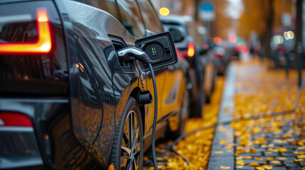 Fototapeta premium The electric car is plugged into the charger.