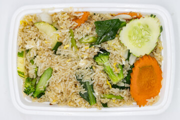 Thai Style Vegetable Fried Rice in a White Container