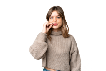 Young girl over isolated chroma key background showing a sign of silence gesture