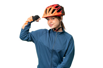 Young cyclist girl over isolated chroma key background doing strong gesture