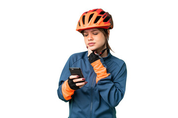 Young cyclist girl over isolated chroma key background thinking and sending a message