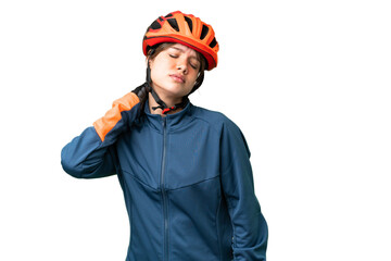 Young cyclist girl over isolated chroma key background with neckache