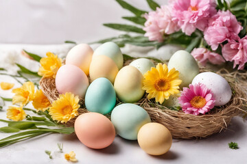 Spring Easter holiday. Background with eggs in nests and spring flowers. Greeting card background with copy space. Generative Ai