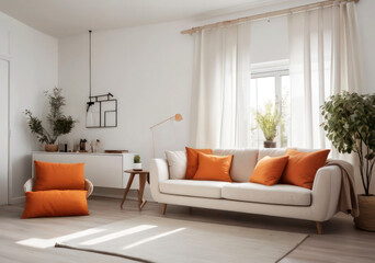 Modern Living Room: Cozy Sofa, Orange Cushions, and Scandinavian Style.