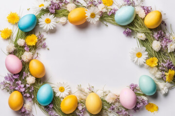 Fototapeta na wymiar Spring Easter holiday top view. Flat lay background with eggs in nests and spring flowers. Greeting card background with copy space. Generative Ai