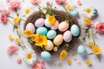 Fototapeta na wymiar Spring Easter holiday top view. Flat lay background with eggs in nests and spring flowers. Greeting card background with copy space. Generative Ai