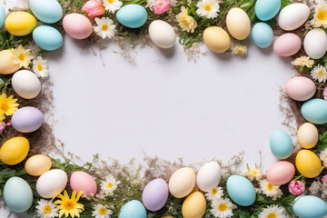 Naklejka na ściany i meble Spring Easter holiday top view. Flat lay background with eggs in nests and spring flowers. Greeting card background with copy space. Generative Ai