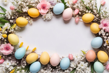Naklejka na ściany i meble Spring Easter holiday top view. Flat lay background with eggs in nests and spring flowers. Greeting card background with copy space. Generative Ai
