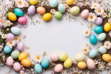 Spring Easter holiday top view. Flat lay background with eggs in nests and spring flowers. Greeting card background with copy space. Generative Ai