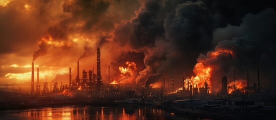 Fototapeta na wymiar Factory engulfed in flames and billowing dark smoke.